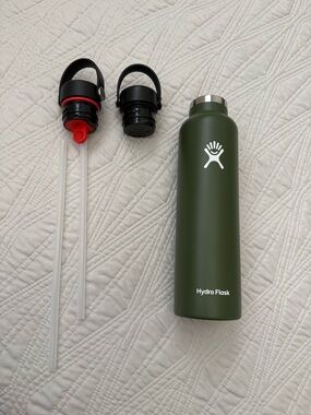 Hydro Flask Olive Green Slim Bottle with Two Straw Caps